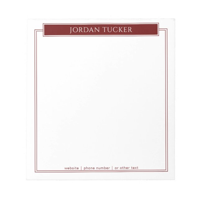 Modern Border Burgundy Red Nameplate School Office Notepad (Front)
