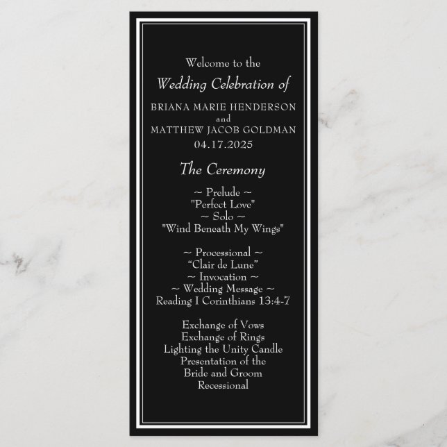 Modern Border Minimalist Black Wedding Program Programme (Front)