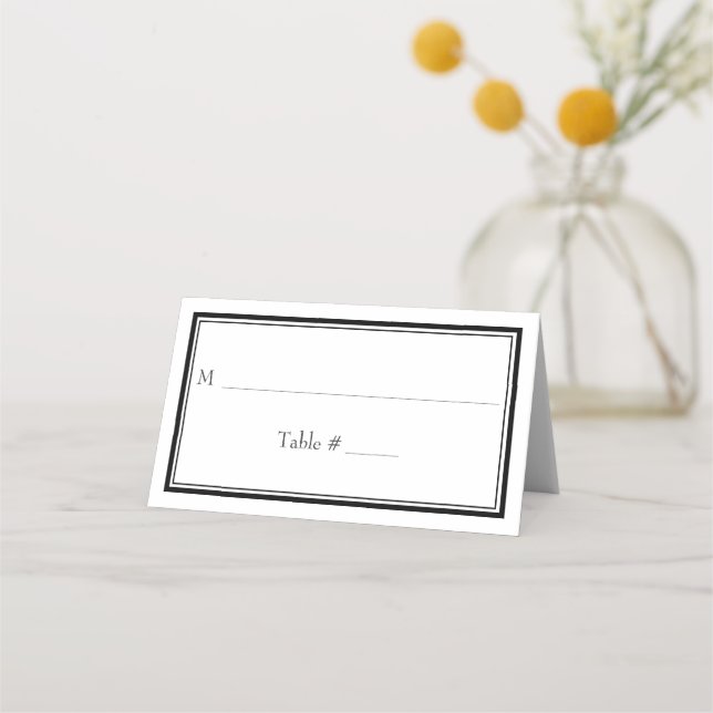 Modern Border Minimalist Black White Wedding Place Card (Front)