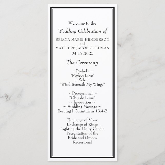Modern Border Minimalist Black White Wedding Programme (Front)