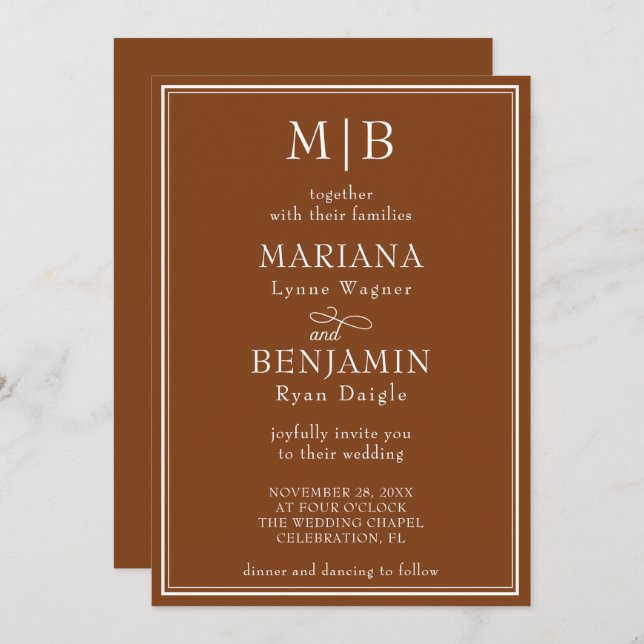 Modern Border Minimalist Boho Brown Wedding Invitation (Front/Back)