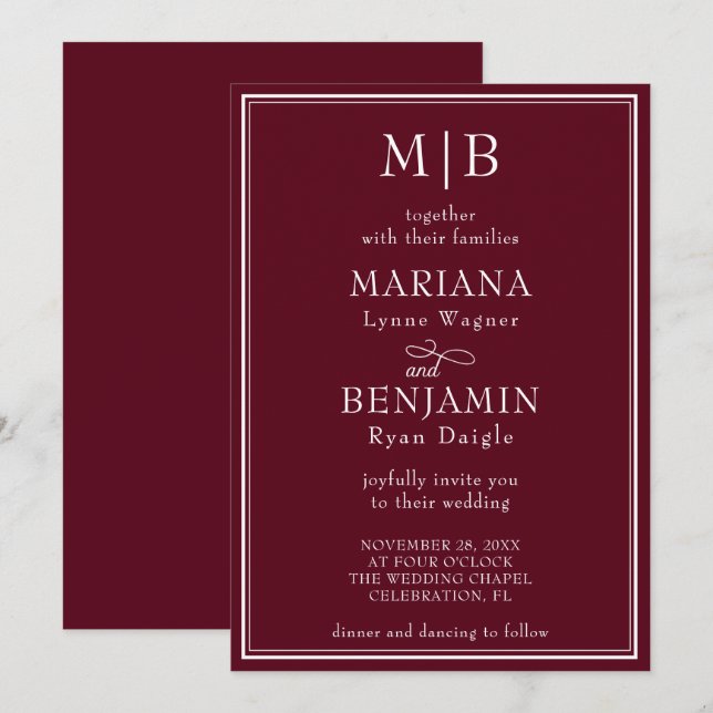 Modern Border Minimalist Boho Burgundy Wedding Invitation (Front/Back)