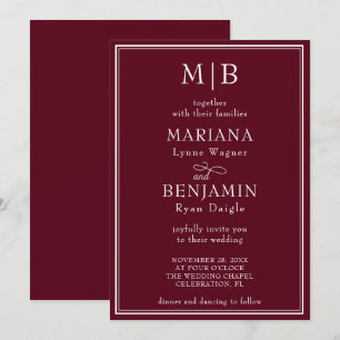 Modern Border Minimalist Boho Burgundy Wedding Invitation