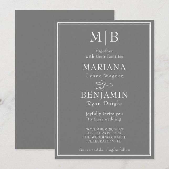 Modern Border Minimalist Boho Grey Wedding Invitation (Front/Back)