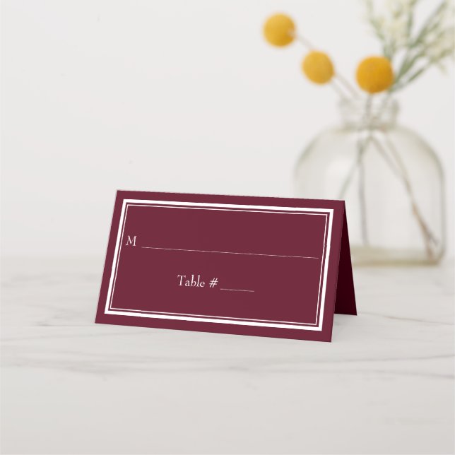 Modern Border Minimalist Burgundy Wedding Place Card (Front)