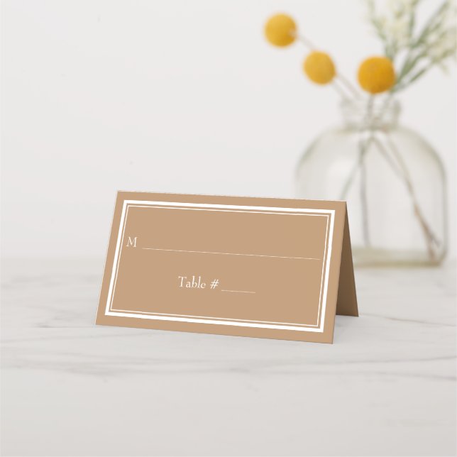 Modern Border Minimalist Tan Beige Wedding Place Card (Front)