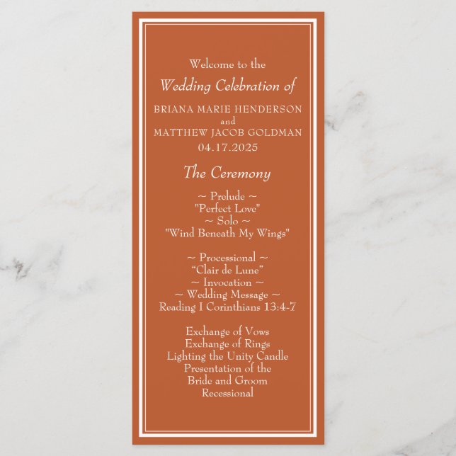 Modern Border Minimalist Terracotta Wedding Programme (Front)