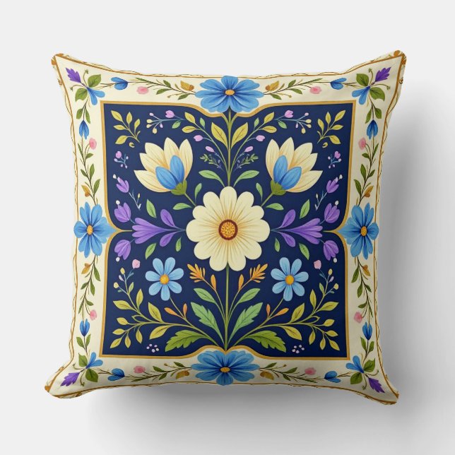 Modern Bordered Floral Design Cushion. Cushion (Front)