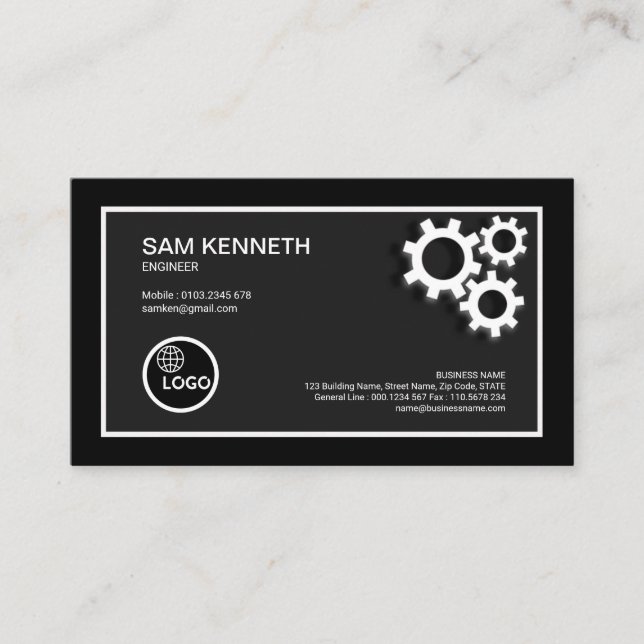 Modern Borders Three Gears Engineer Business Card (Front)