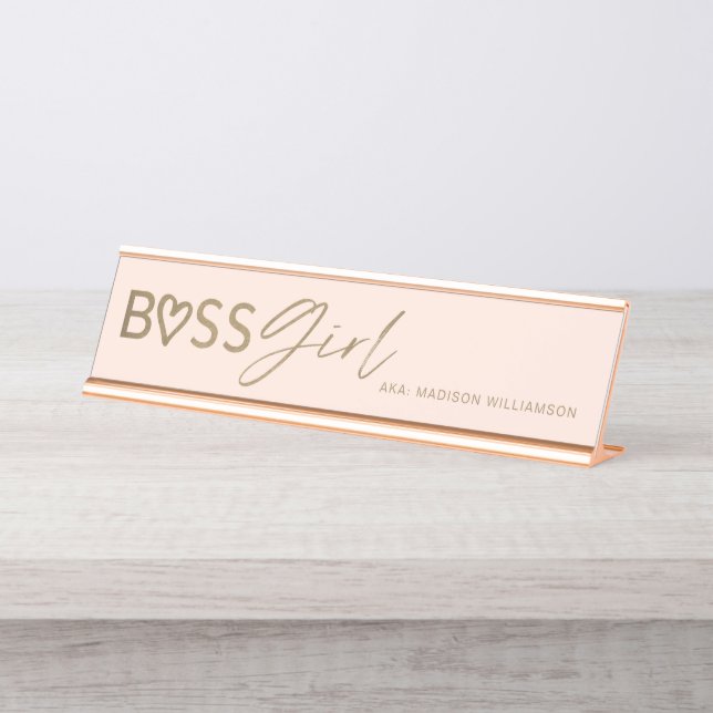 Modern Boss Girl Stylish Blush Pink & Gold Desk Name Plate (Front)