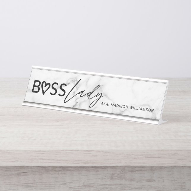 Modern Boss Lady Stylish White Grey Marble & Black Desk Name Plate (Front)