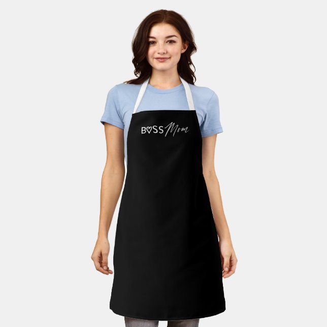 Modern Boss Mom Stylish Brush Script Black Apron (Worn)