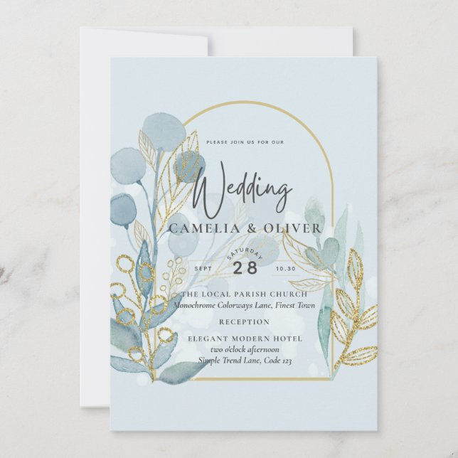 Modern Botanica; Aqua SeaGlass Gold Wedding Invite (Front)