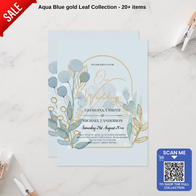 Modern Botanica; Aqua SeaGlass Gold Wedding Invite (Creator Uploaded)