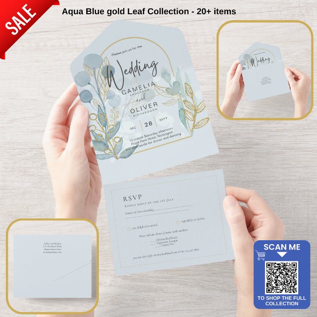 Modern Botanica; Aqua SeaGlass Gold Wedding Invite (Creator Uploaded)