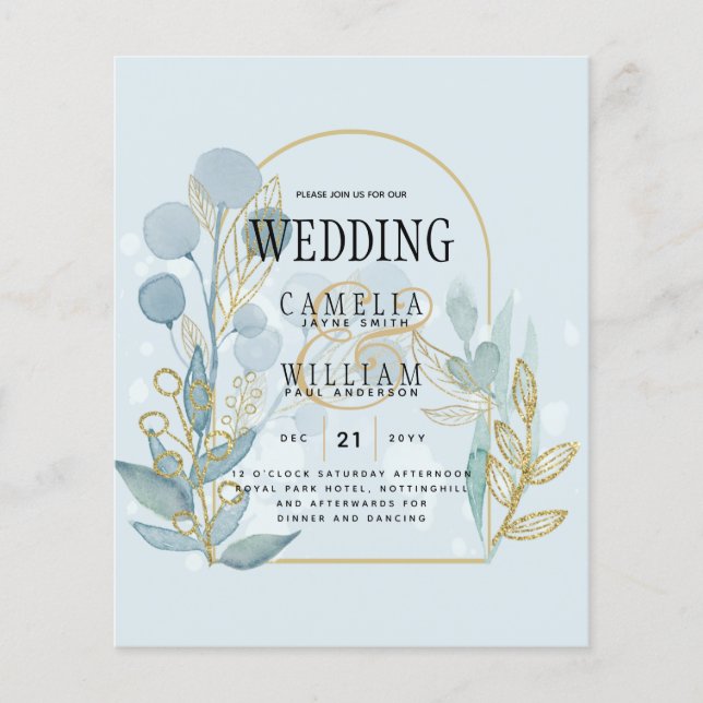 Modern Botanica; Aqua SeaGlass Gold Wedding Invite Flyer (Front)