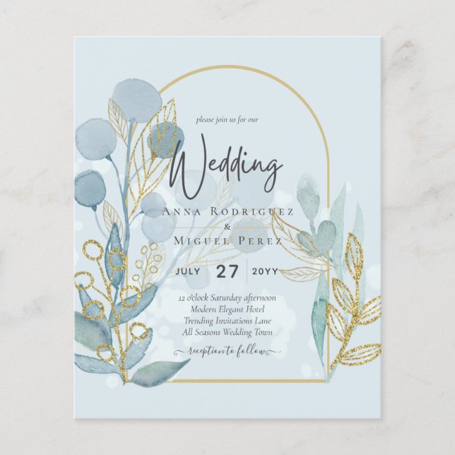 Modern Botanica; Aqua SeaGlass Gold Wedding Invite Flyer (Front)