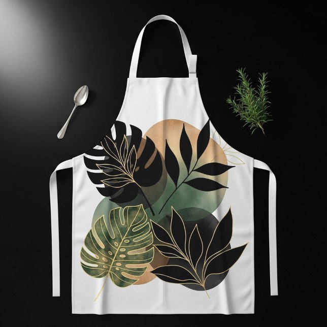 Modern Botanical Abstract Art Black and Gold Leave Apron (Creator Uploaded)