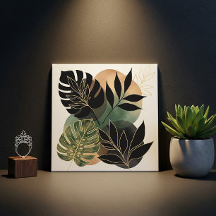 Modern Botanical Abstract Art Black and Gold Leave Tile
