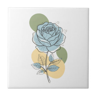 Modern Botanical Aesthetic - Blue Rose Line Art Tile