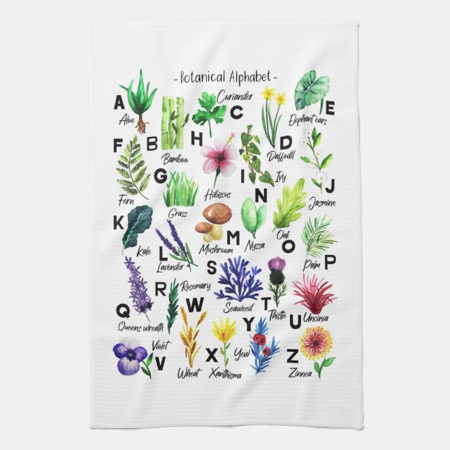 Modern Botanical Alphabet Floral Garden Tea Towel (Vertical)