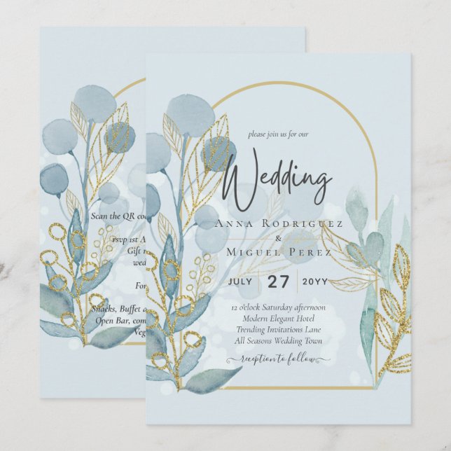 Modern Botanical Aqua SeaGlass Gold Wedding Invite (Front/Back)