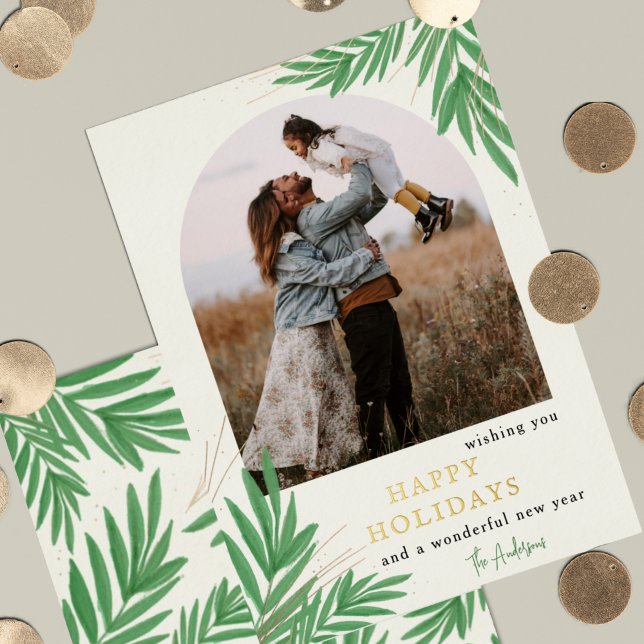Modern Botanical Arch Greenery Photo  Foil Holiday Card (Creator Uploaded)