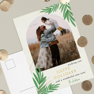 Modern Botanical Arch Greenery Photo Foil Holiday Postcard