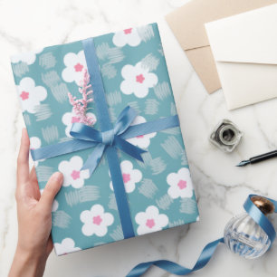 Modern Botanical Baby Blue White Flower Pattern Wrapping Paper