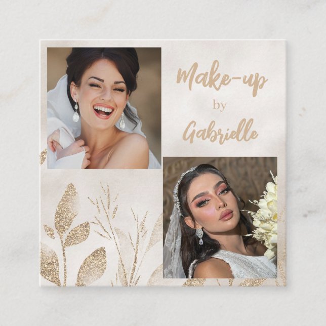 Modern Botanical Beige Boho Photo Script  Square Business Card (Front)