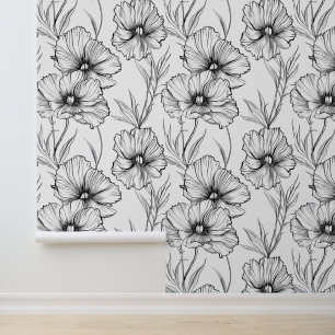 Modern Botanical Black and White Floral Pattern Wallpaper