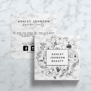 Modern Botanical Black and White Marble Square Business Card