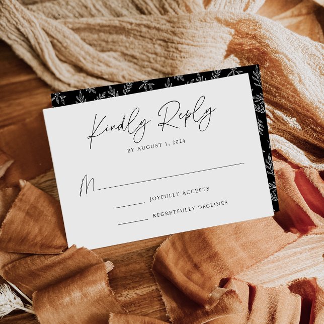 Modern Botanical Black and White Wedding RSVP Card (Creator Uploaded)