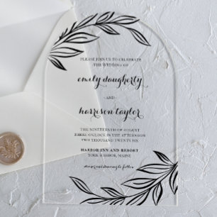 Modern Botanical Black Illustrated Leaves Acrylic Invitations