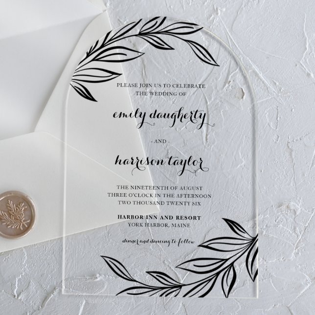 Modern Botanical Black Illustrated Leaves Acrylic Invitations (Creator Uploaded)
