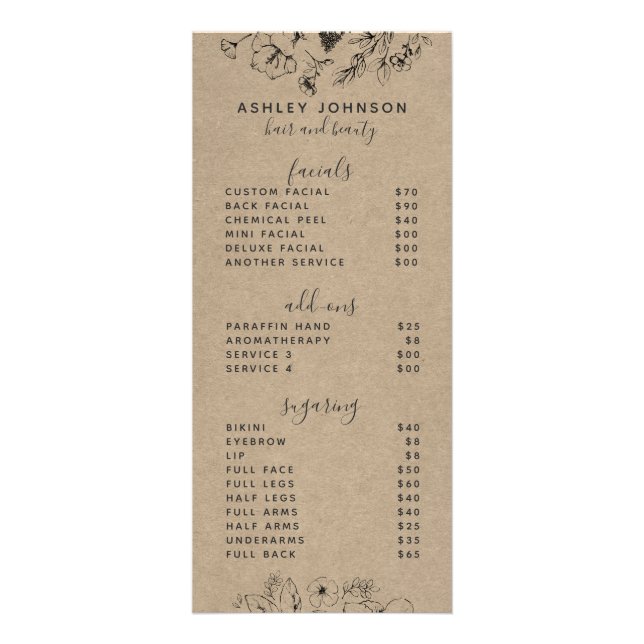 Modern Botanical Black Kraft Spa 3 Services Menu (Front)