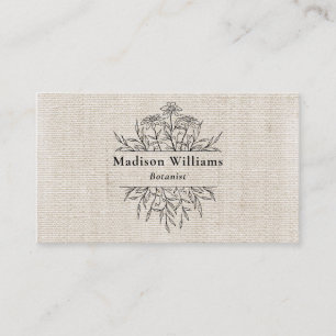 Modern Botanical Black Name Natural Linen Business Card