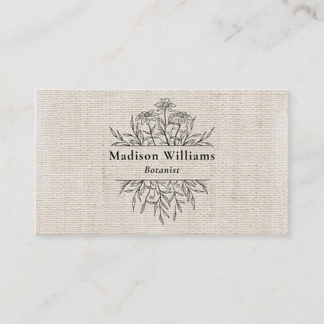 Modern Botanical Black Name Natural Linen  Business Card (Front)