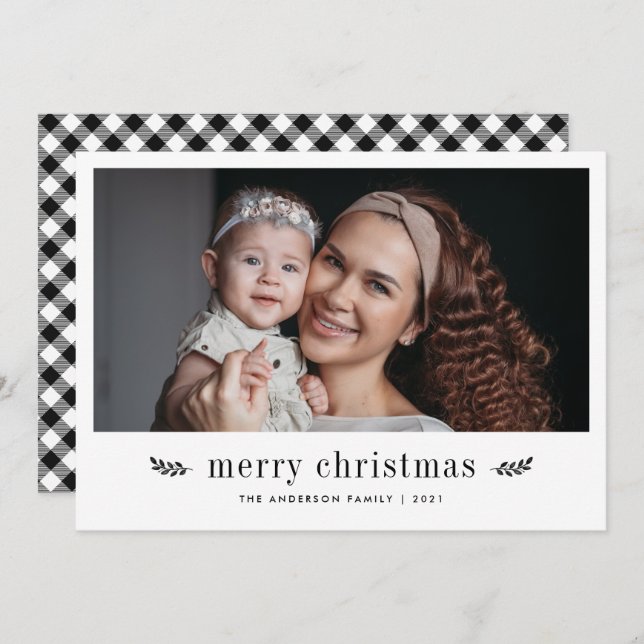 Modern Botanical Black Plaid Merry Christmas Photo Holiday Card (Front/Back)