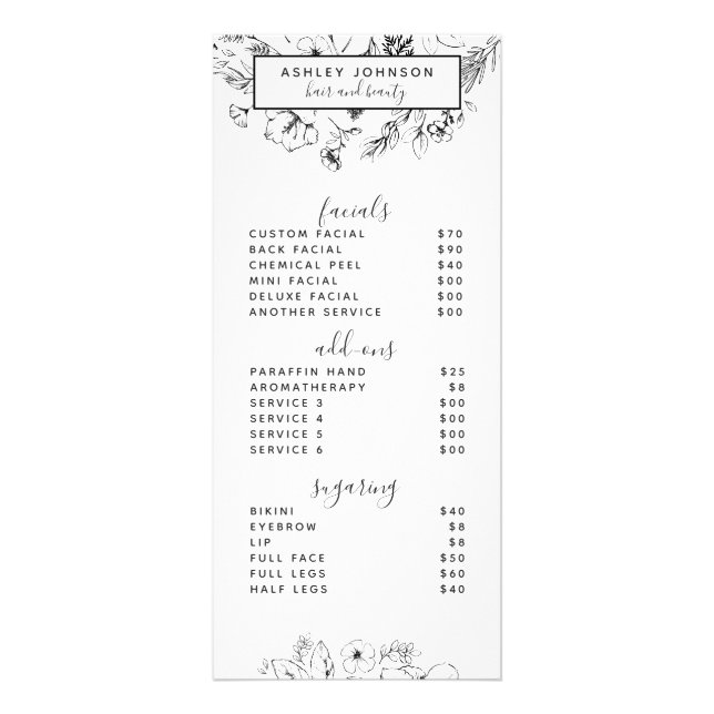 Modern Botanical Black White Spa 3 Services Menu 2 (Front)