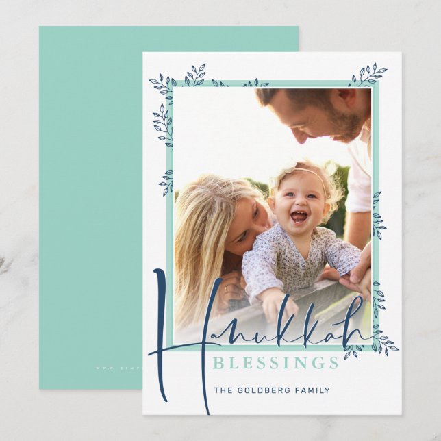 MODERN BOTANICAL blessings frame ferns mint navy b Holiday Card (Front/Back)