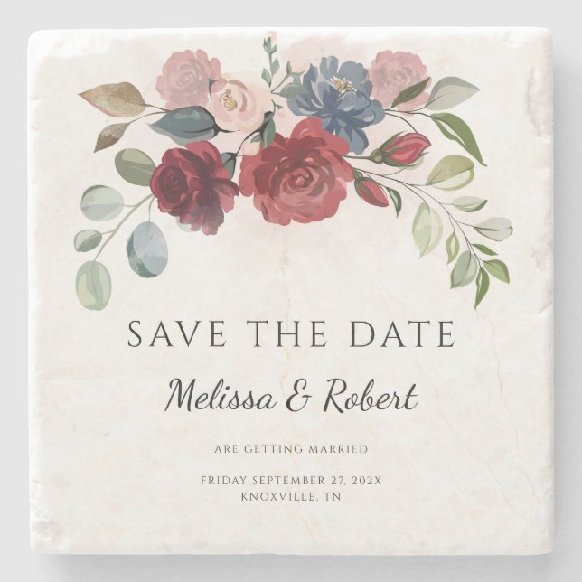 Modern Botanical Bloom Floral Save The Date Stone Coaster (Front)