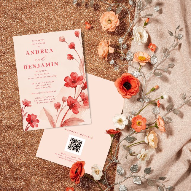 Modern Botanical Bloom Juicy Red Pinky Pink  Invitation (Modern Botanical Bloom Juicy Red & Pinky Pink Editorial Wedding Invitation with Back QR Code.)
