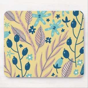 Modern Botanical Blue Floral Pattern on Beige Mouse Mat