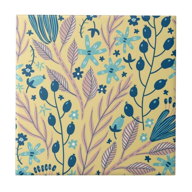 Modern Botanical Blue Floral Pattern on Beige Tile (Front)