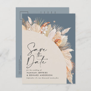 Modern botanical blue pampas grass save the date announcement postcard