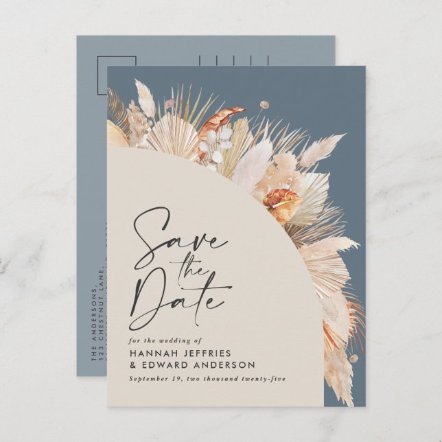 Modern botanical blue pampas grass save the date announcement postcard (Front/Back)
