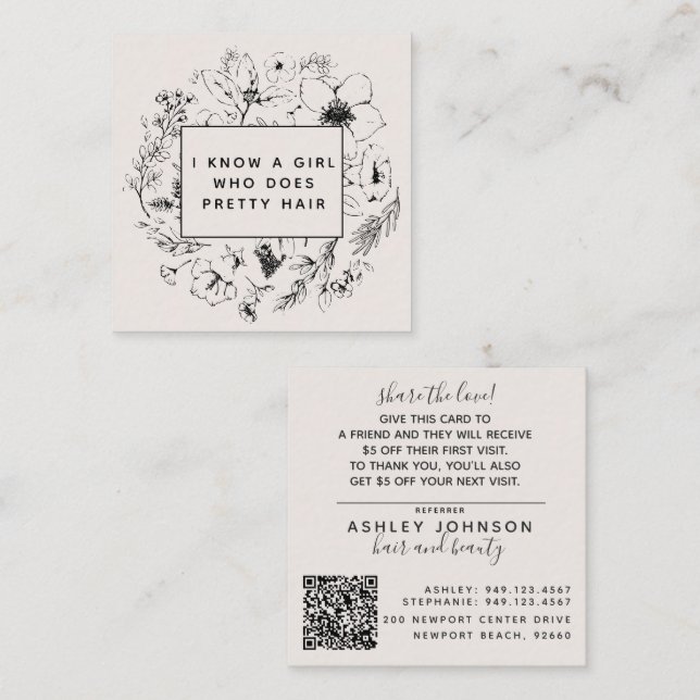 Modern Botanical Blush and Black Referral Card (Front/Back)