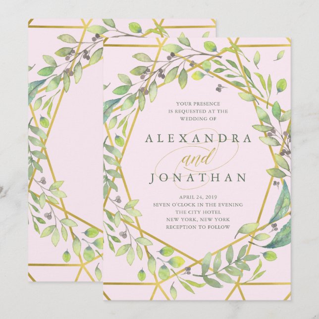 Modern Botanical | Blush and Faux Gold Wedding Invitation (Front/Back)