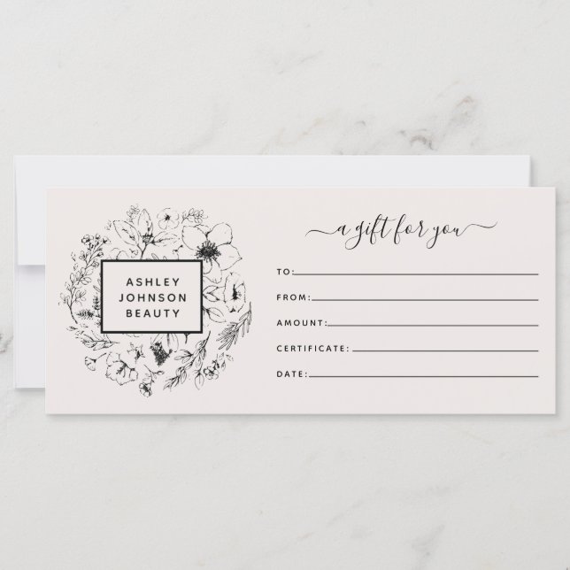 Modern Botanical Blush & Black Gift Certificate (Front)